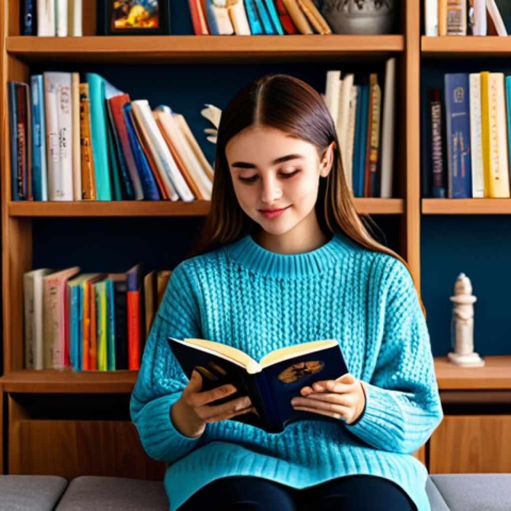 A professional young woman in a modest, stylish sweater, carefully holding an open fan artbook, her eyes reflecting appreciation for the vibrant illustrations. She is seated in a cozy, modern reading nook with soft ambient lighting, surrounded by neatly organized bookshelves. The artbook displays diverse, high-quality illustrations of game characters and scenes, showcasing artistic passion and meticulous detail. fully clothed, appropriate attire, modest clothing, safe for work, appropriate content, professional, perfect anatomy, correct proportions, natural pose, well-formed hands, proper finger count, natural body proportions, professional photography, high quality, vibrant colors.
