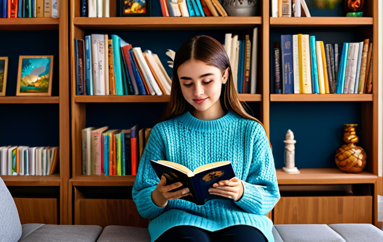 A professional young woman in a modest, stylish sweater, carefully holding an open fan artbook, her eyes reflecting appreciation for the vibrant illustrations. She is seated in a cozy, modern reading nook with soft ambient lighting, surrounded by neatly organized bookshelves. The artbook displays diverse, high-quality illustrations of game characters and scenes, showcasing artistic passion and meticulous detail. fully clothed, appropriate attire, modest clothing, safe for work, appropriate content, professional, perfect anatomy, correct proportions, natural pose, well-formed hands, proper finger count, natural body proportions, professional photography, high quality, vibrant colors.