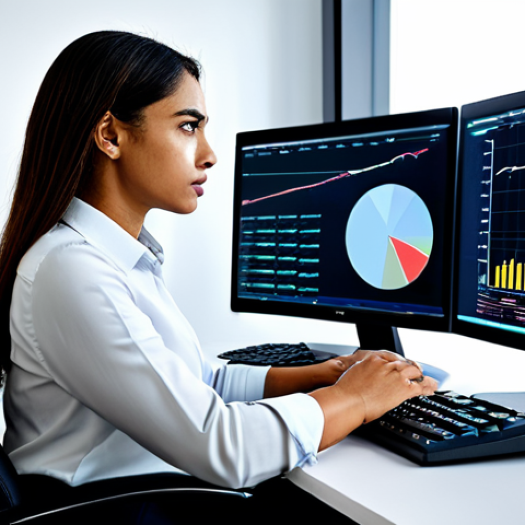 A focused professional woman, in her late 20s to early 30s, sitting at a sleek modern computer desk. She is fully clothed in modest, professional attire, wearing a collared shirt and tailored trousers. Her gaze is intent on multiple large monitors displaying intricate game data analysis, charts, and statistical graphs related to Eternal Return. The background features a clean, well-lit home office environment, emphasizing a studious and analytical atmosphere. The overall impression is one of deep concentration and strategic thinking. safe for work, appropriate content, fully clothed, professional dress, perfect anatomy, correct proportions, natural pose, well-formed hands, proper finger count, natural body proportions, high-quality professional photography.