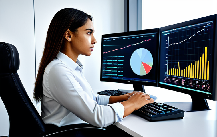 A focused professional woman, in her late 20s to early 30s, sitting at a sleek modern computer desk. She is fully clothed in modest, professional attire, wearing a collared shirt and tailored trousers. Her gaze is intent on multiple large monitors displaying intricate game data analysis, charts, and statistical graphs related to Eternal Return. The background features a clean, well-lit home office environment, emphasizing a studious and analytical atmosphere. The overall impression is one of deep concentration and strategic thinking. safe for work, appropriate content, fully clothed, professional dress, perfect anatomy, correct proportions, natural pose, well-formed hands, proper finger count, natural body proportions, high-quality professional photography.