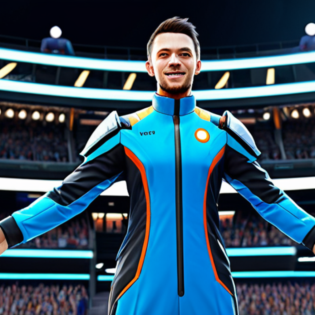 **

"A professional gamer character named Ekion, fully clothed in a futuristic, modest jumpsuit, standing heroically in a brightly lit arena with cheering crowds, appropriate content, safe for work, perfect anatomy, correct proportions, digital illustration, high quality, professional."

**
