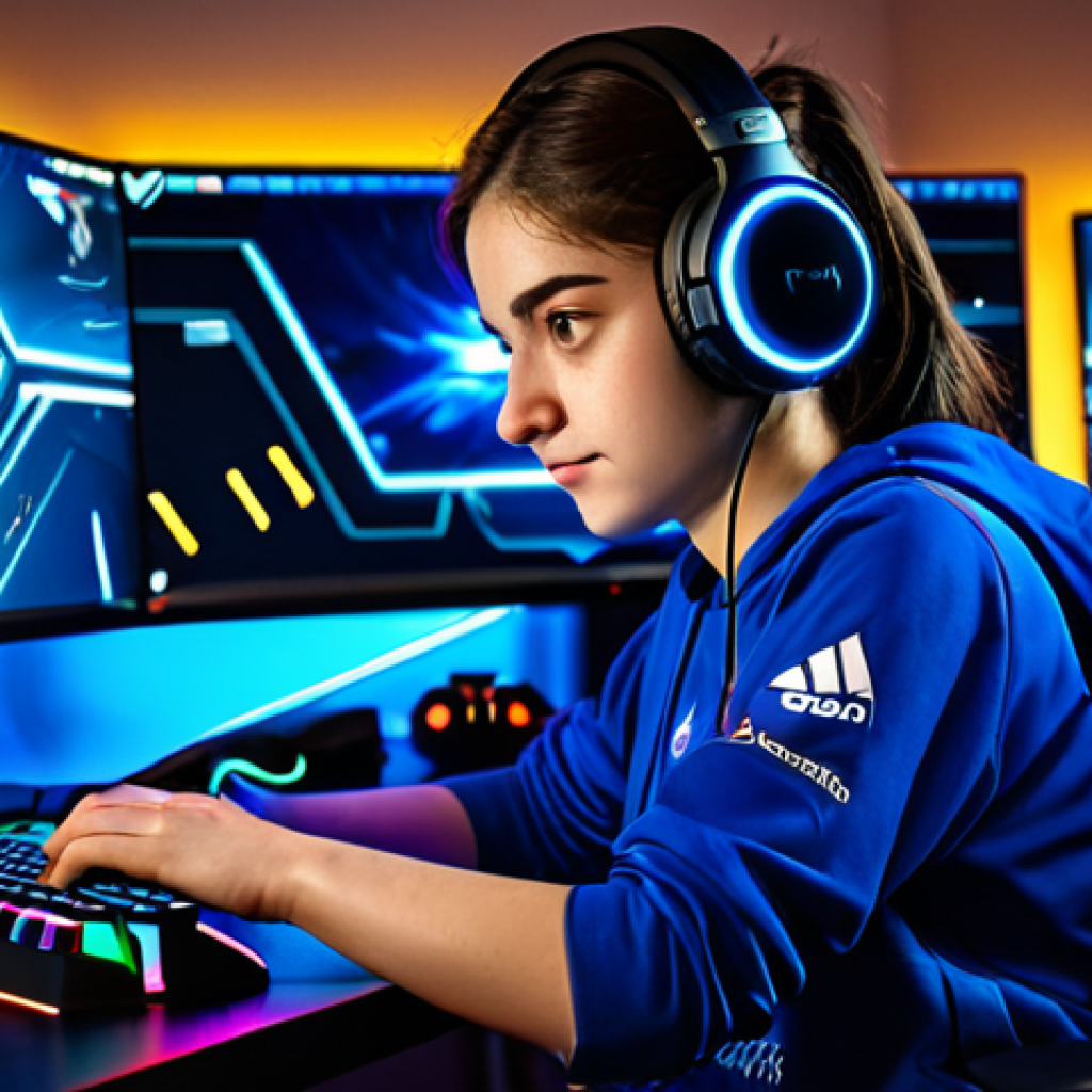 **
"A skilled female esports player, fully clothed in a modest team jersey, concentrated on her gaming monitor, illuminated by RGB lights. She is wearing gaming headphones and has well-formed hands on her keyboard and mouse. The background is her professional gaming setup, with sponsor logos visible. Perfect anatomy, correct proportions, natural pose, safe for work, appropriate content, professional, family-friendly, high quality, digital art."
**