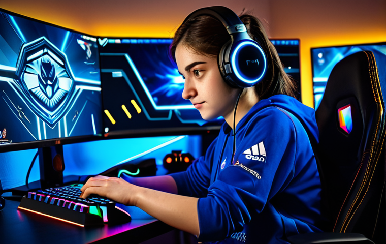 **

"A skilled female esports player, fully clothed in a modest team jersey, concentrated on her gaming monitor, illuminated by RGB lights. She is wearing gaming headphones and has well-formed hands on her keyboard and mouse. The background is her professional gaming setup, with sponsor logos visible. Perfect anatomy, correct proportions, natural pose, safe for work, appropriate content, professional, family-friendly, high quality, digital art."

**