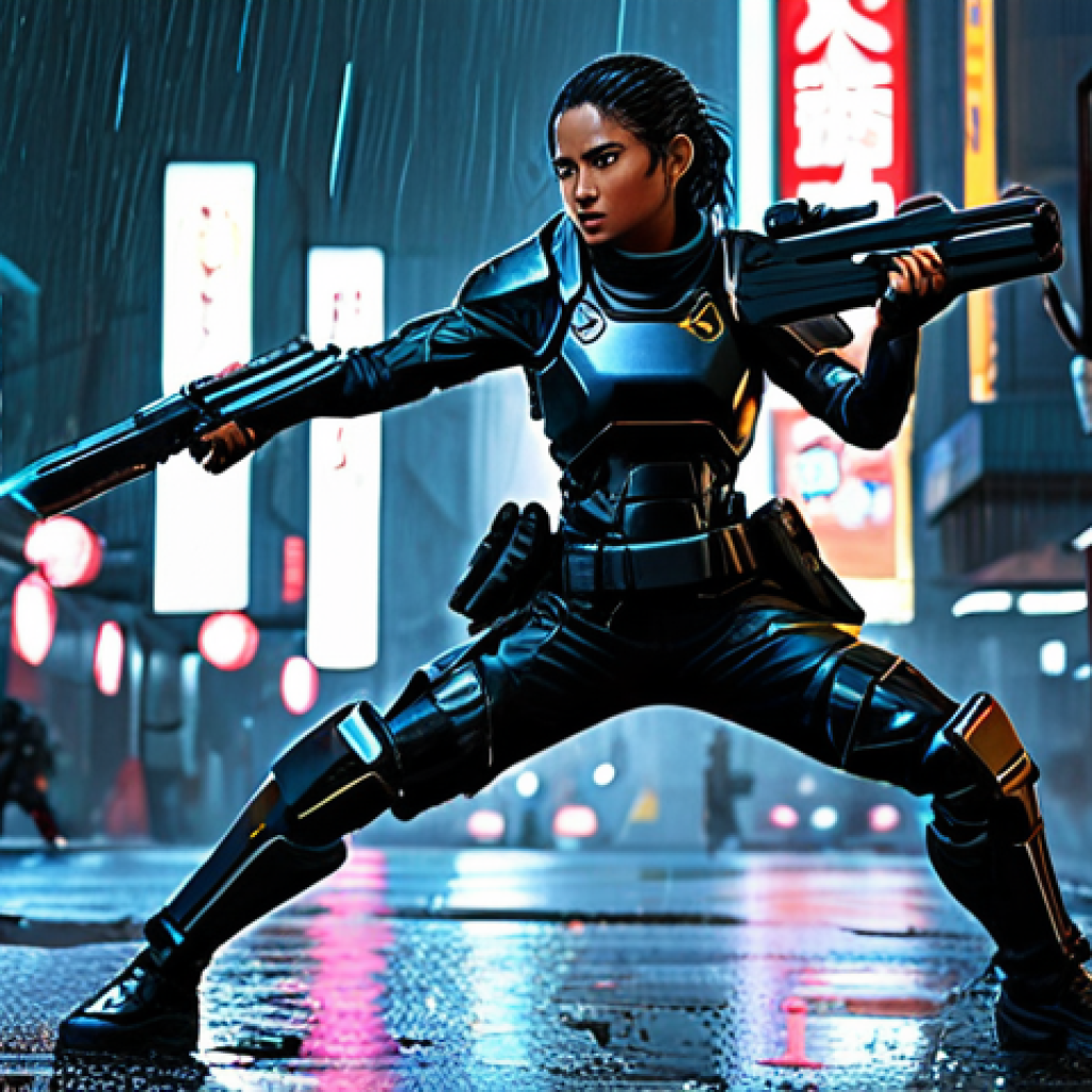 Tactical Kusari-Gama Combat**
A female Eternal Return character, fully clothed in futuristic tactical gear, wielding the new Kusari-Gama weapon. Dynamic action pose, mid-swing. Urban environment with neon signs and advanced technology. Rain effects. Perfect anatomy, well-formed hands, natural pose, appropriate attire, safe for work, professional game art, high quality, family-friendly.
**