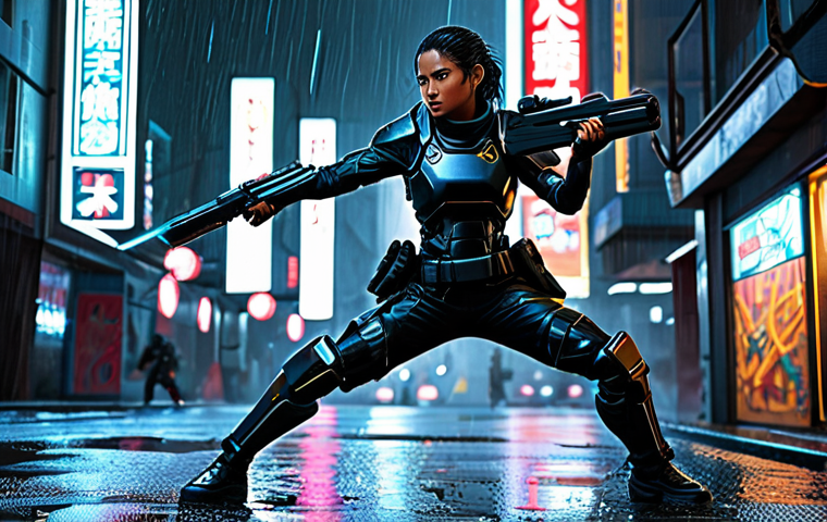 Tactical Kusari-Gama Combat**

A female Eternal Return character, fully clothed in futuristic tactical gear, wielding the new Kusari-Gama weapon. Dynamic action pose, mid-swing. Urban environment with neon signs and advanced technology. Rain effects. Perfect anatomy, well-formed hands, natural pose, appropriate attire, safe for work, professional game art, high quality, family-friendly.

**