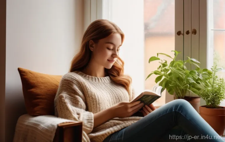 이터널리턴 프로모션 코드 정보 - A cozy indoor scene featuring a young woman in her early twenties, wearing a soft, oversized knit sw...