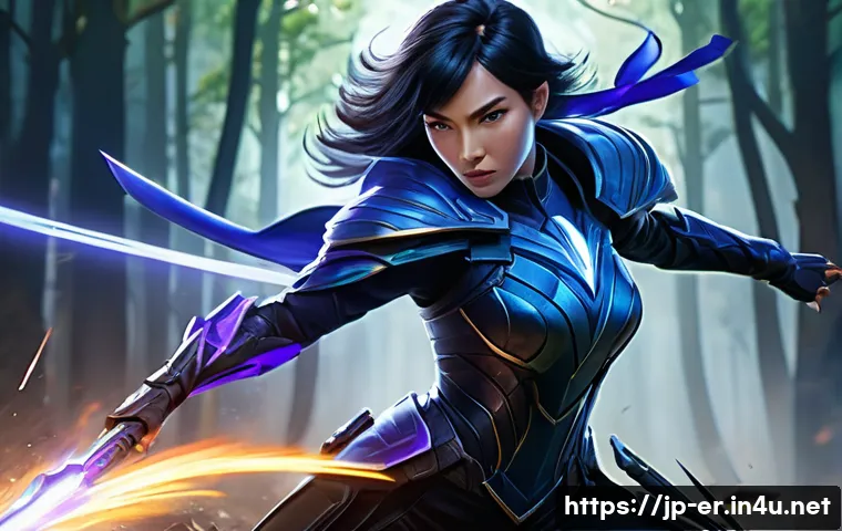 이터널리턴 강의 콘텐츠 제작 - A dynamic illustration of Iris, the high-mobility assassin from Eternal Return, depicted in mid-acti...