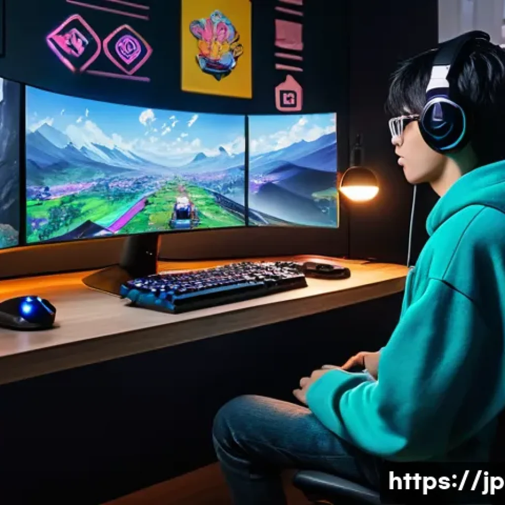 이터널리턴 신규 콘텐츠 요청법 - A vibrant, modern Japanese-style gaming room scene with a young adult gamer sitting comfortably at a...