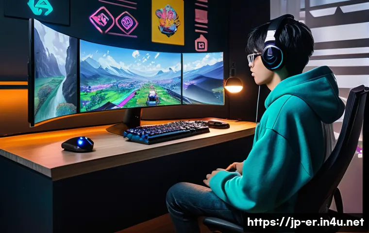 이터널리턴 신규 콘텐츠 요청법 - A vibrant, modern Japanese-style gaming room scene with a young adult gamer sitting comfortably at a...