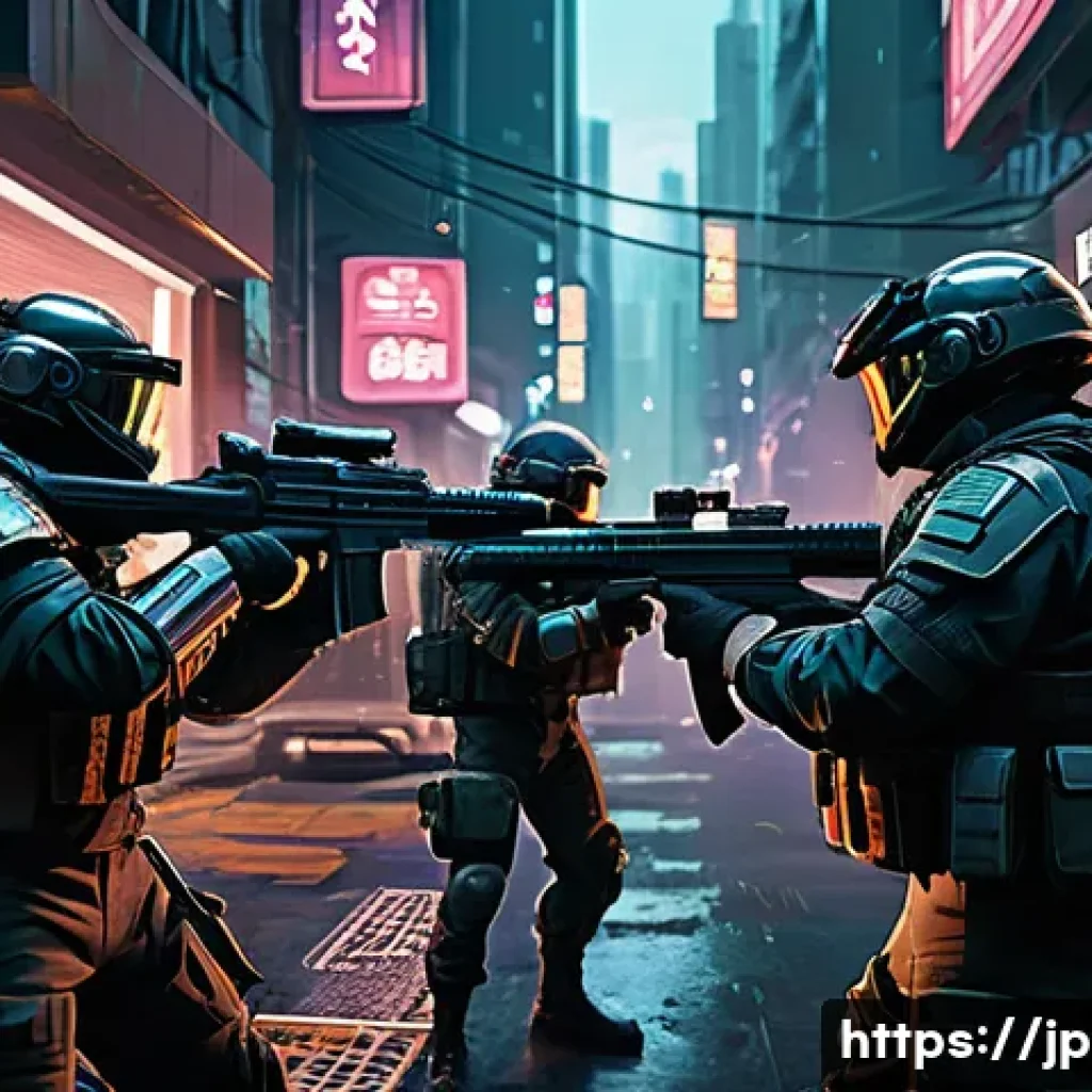 이터널리턴 아이템 드롭 위치 - A dynamic urban battle scene at dusk, featuring a diverse team of armored characters coordinating to...