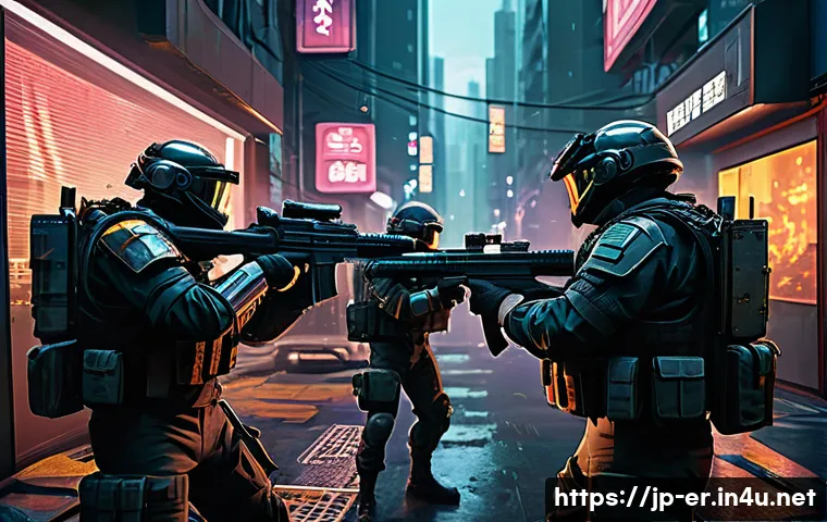 이터널리턴 아이템 드롭 위치 - A dynamic urban battle scene at dusk, featuring a diverse team of armored characters coordinating to...