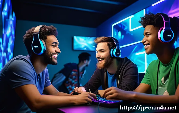 이터널리턴 신규 기능 테스터 지원 - A dynamic scene of a diverse group of young gamers participating in a closed beta test event for a n...