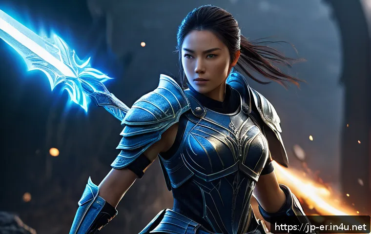 이터널리턴 캐릭터 티어 비교 - A dynamic fantasy warrior character named Tia, depicted in sleek, form-fitting battle armor emphasiz...