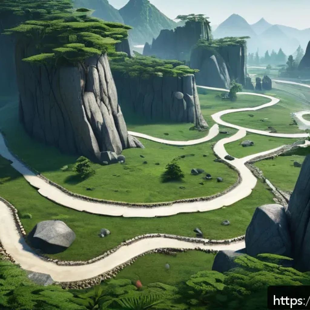 이터널리턴 신규 지역 루트 확인 - A detailed landscape of a new game map featuring a central elevated plateau with wide, panoramic vie...