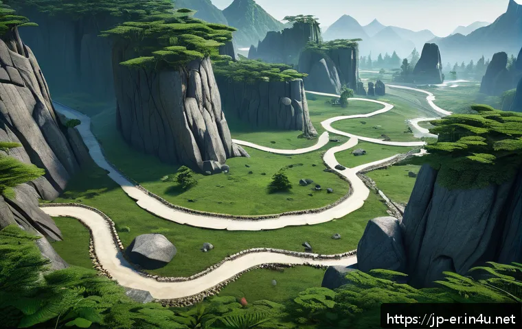이터널리턴 신규 지역 루트 확인 - A detailed landscape of a new game map featuring a central elevated plateau with wide, panoramic vie...