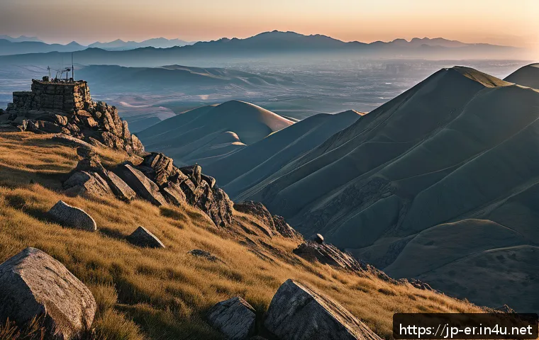 이터널리턴 맵 루트의 최적화 - A detailed landscape of a hilly terrain battlefield at golden hour, featuring elevated ridges and na...