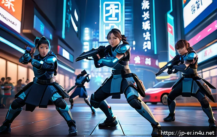 이터널리턴 스킬 활용법 - A dynamic esports battle scene in a futuristic urban arena, featuring diverse characters from a Japa...