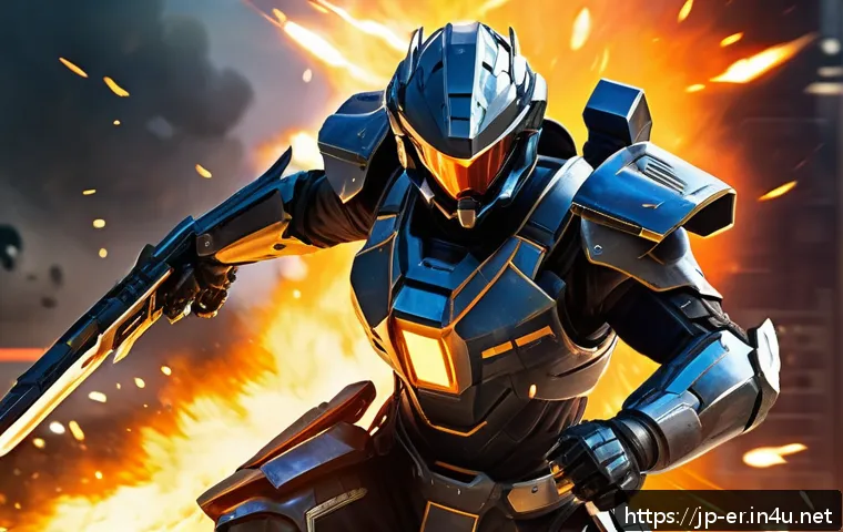 이터널리턴 최고의 생존 클래스 - A powerful attacker character in dynamic battle stance, wielding a high-damage futuristic weapon glo...