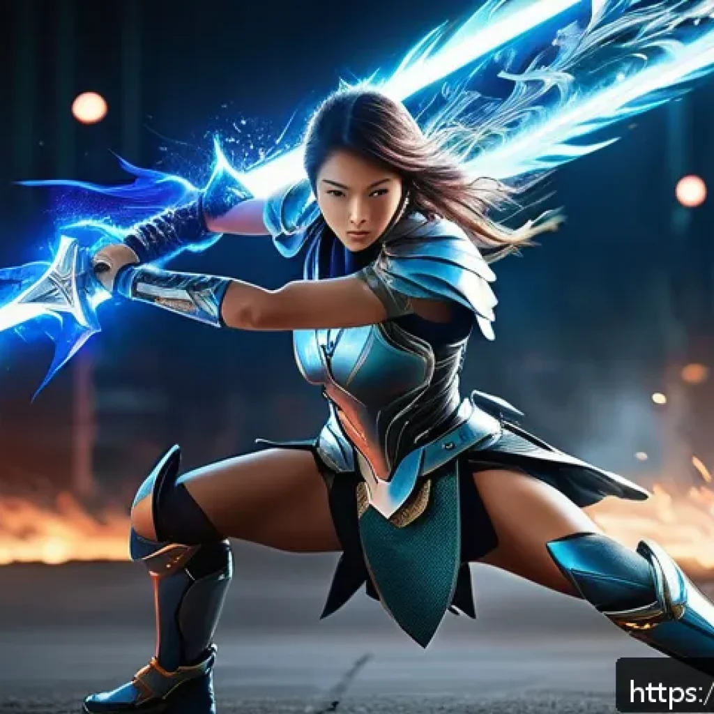 이터널리턴 스킬 업그레이드 효과 - A dynamic fantasy battle scene featuring a skilled female warrior clad in sleek, futuristic armor wi...