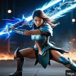 이터널리턴 스킬 업그레이드 효과 - A dynamic fantasy battle scene featuring a skilled female warrior clad in sleek, futuristic armor wi...