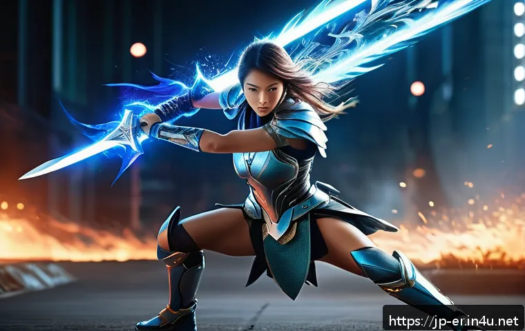 이터널리턴 스킬 업그레이드 효과 - A dynamic fantasy battle scene featuring a skilled female warrior clad in sleek, futuristic armor wi...
