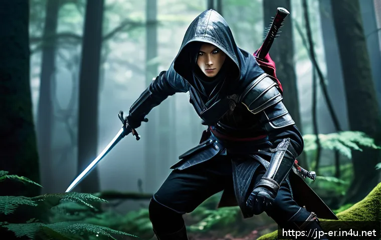 이터널리턴 최단 시간 레벨업 팁 - A dynamic battle scene featuring an Assassin character in sleek, dark leather armor with a hood, emp...