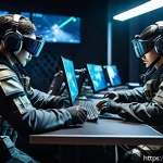 이터널리턴 클랜전 공략 - A dynamic esports team scene set in a detailed futuristic battlefield map featuring varied terrain w...