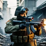 이터널리턴 인기 보조 무기 분석 - A dynamic close-range combat scene featuring a character equipped with a powerful shotgun, wearing t...