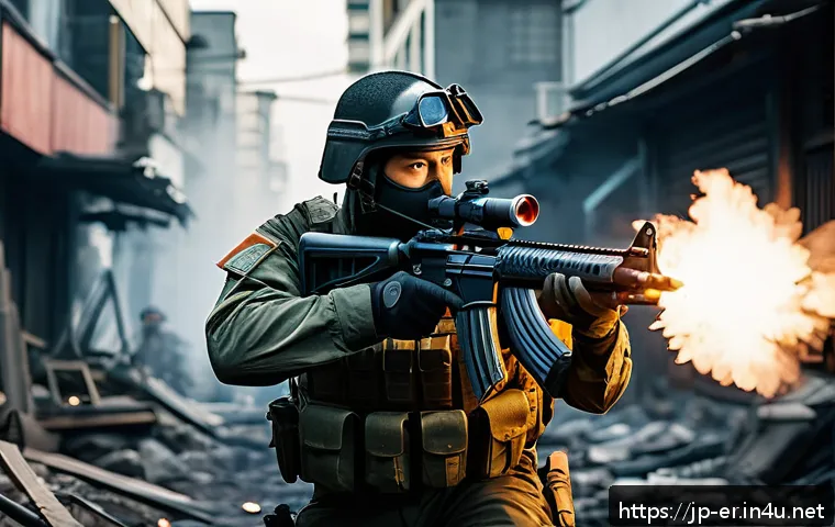 이터널리턴 인기 보조 무기 분석 - A dynamic close-range combat scene featuring a character equipped with a powerful shotgun, wearing t...