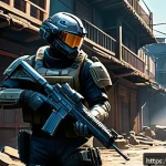 이터널리턴 최적 루트 가이드 - A dynamic scene of an Assault-type character in a vibrant battle royale game environment, landing in...