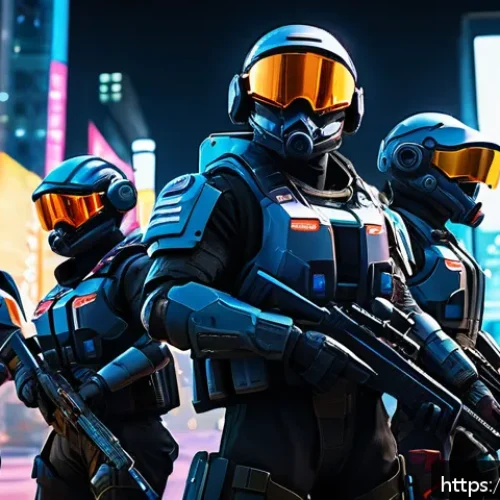 이터널리턴 글로벌 커뮤니티 콘텐츠 - A dynamic scene featuring a diverse group of futuristic game characters in vibrant, detailed skins a...