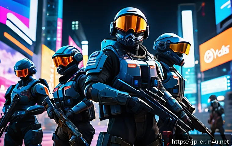이터널리턴 글로벌 커뮤니티 콘텐츠 - A dynamic scene featuring a diverse group of futuristic game characters in vibrant, detailed skins a...