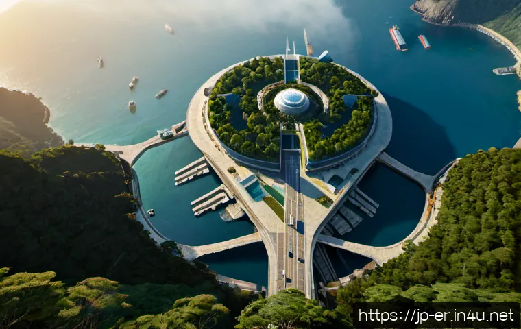이터널리턴 신규 맵의 전략적 가치 - Photorealistic overhead view of a futuristic island survival arena at dawn, clearly divided into a d...