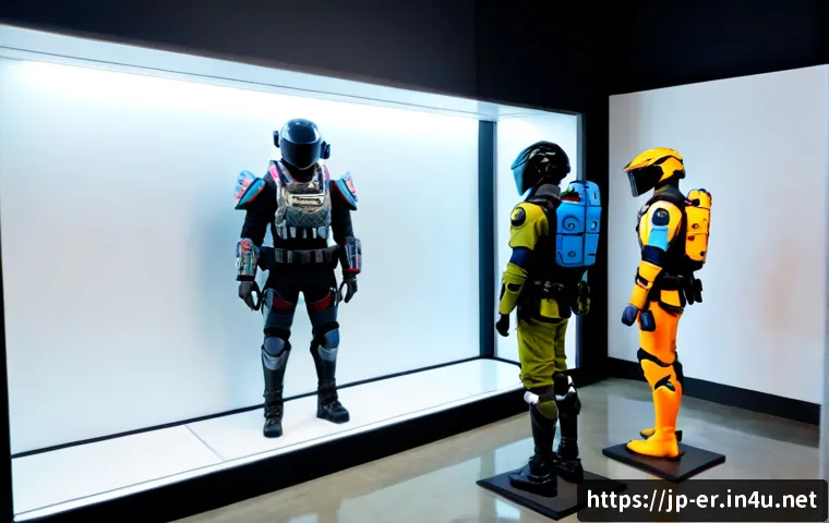 이터널리턴 팬 제작 스킨 전시 - Photorealistic fan-made video game skin exhibition in a modern Japanese pop-culture gallery, three o...